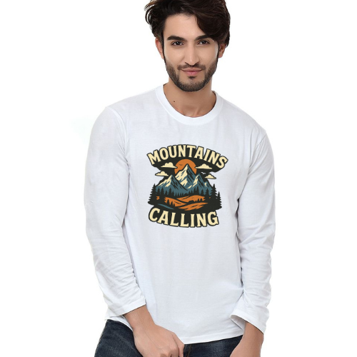 Mountains Calling – Full Sleeve T-Shirt (White & Blue)