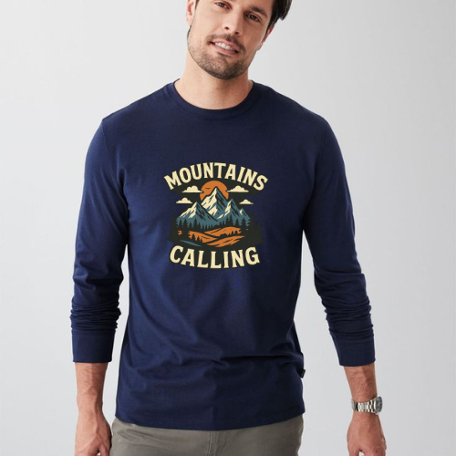 Mountains Calling – Full Sleeve T-Shirt (White & Blue)